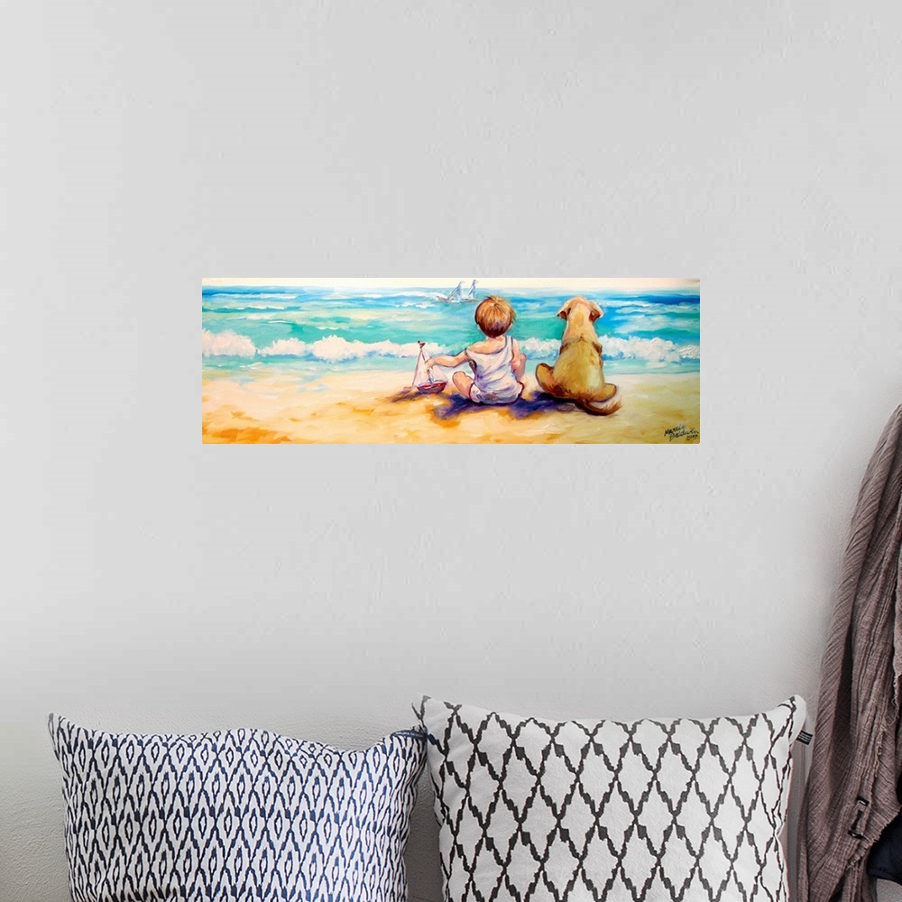 A bohemian room featuring This sweet painting of a little boy and his best friend, his dog, sitting and watching a sail boa...