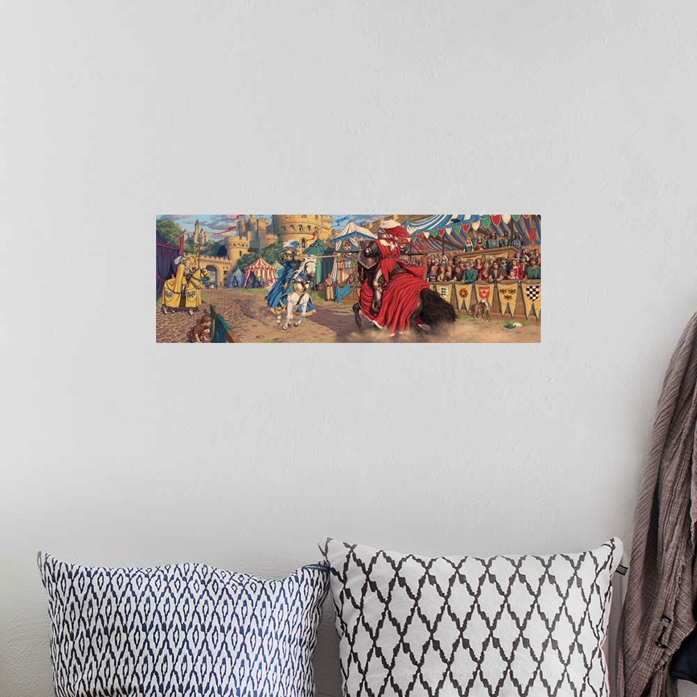 A bohemian room featuring A scene depicting a jousting tournament just at the moment the King's champion attempts to vanqui...