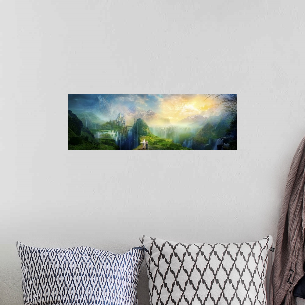 A bohemian room featuring Fantasy artwork of man walking a white horse through a magical and serene looking valley, with en...