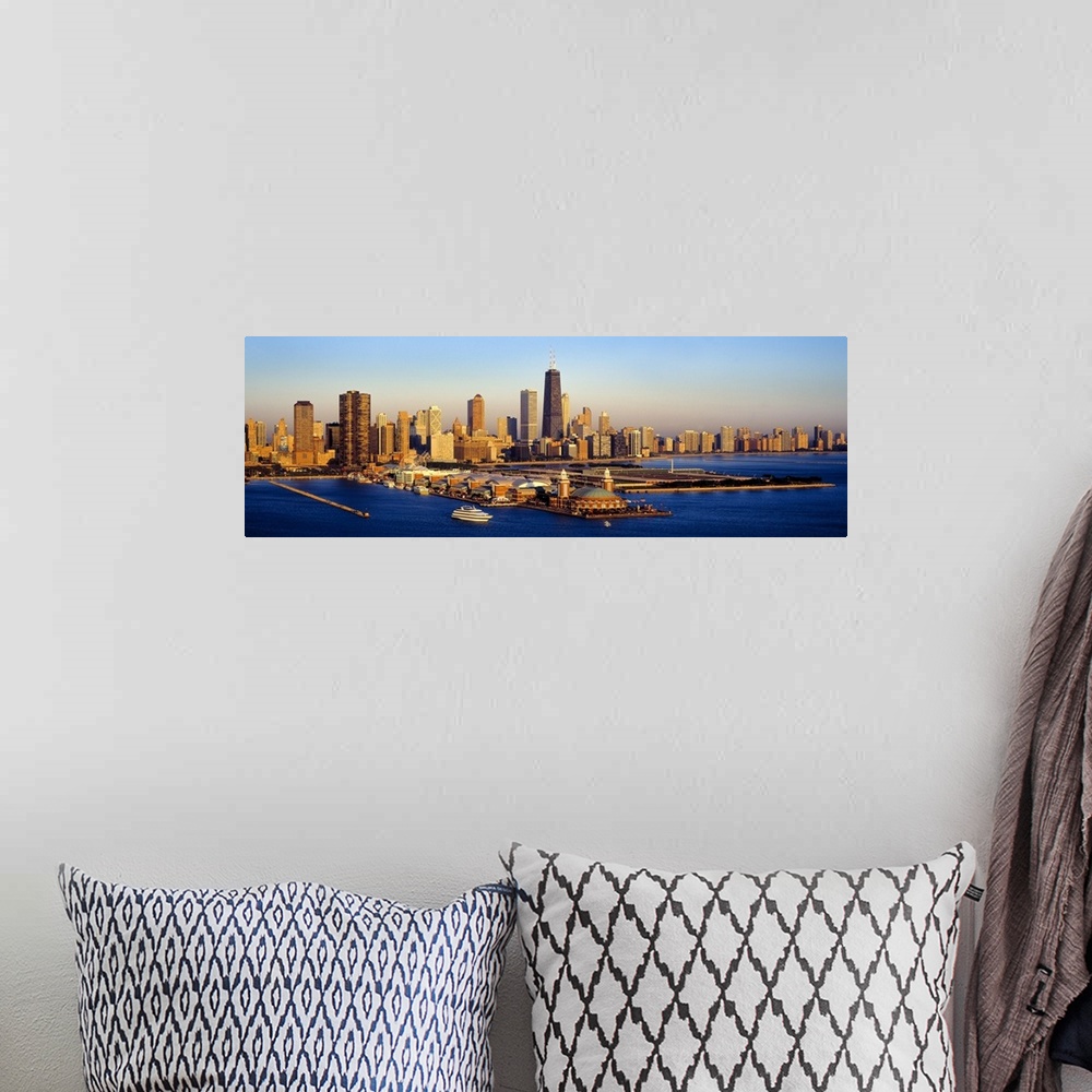 A bohemian room featuring Aerial view of a city, Navy Pier, Lake Michigan, Chicago, Cook County, Illinois