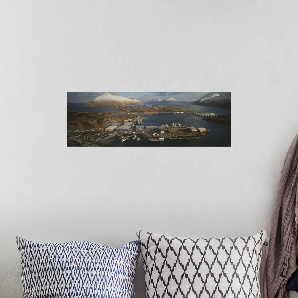 A bohemian room featuring Aerial view of fishing industry, Unisea Port Complex, Dutch Harbor, Alaska