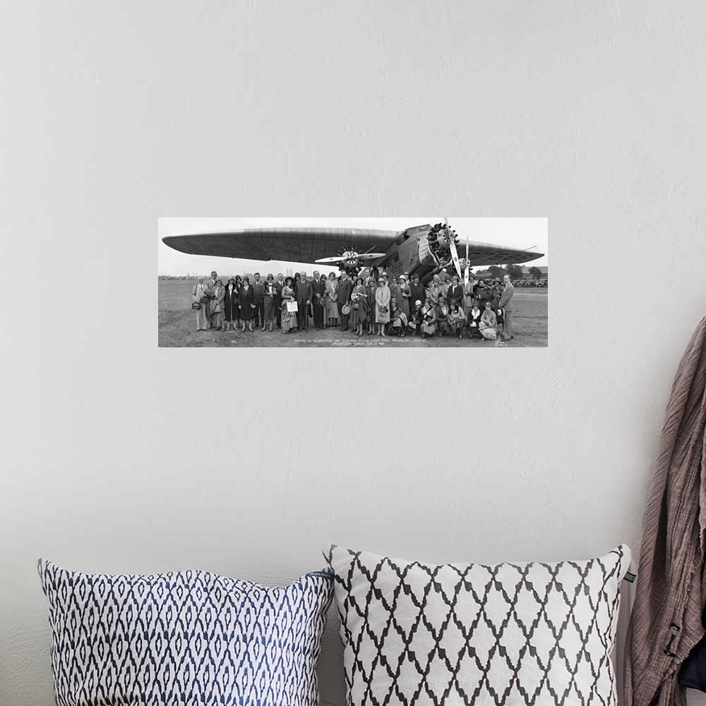A bohemian room featuring Vintage panoramic image of Amelia Earhart and  plane gathered with supporters in Philadelphia.