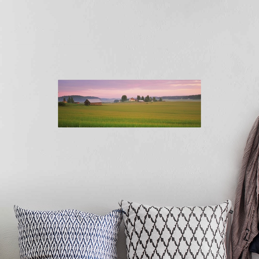 A bohemian room featuring Barn and wheat field across farmlands at dawn, Finland