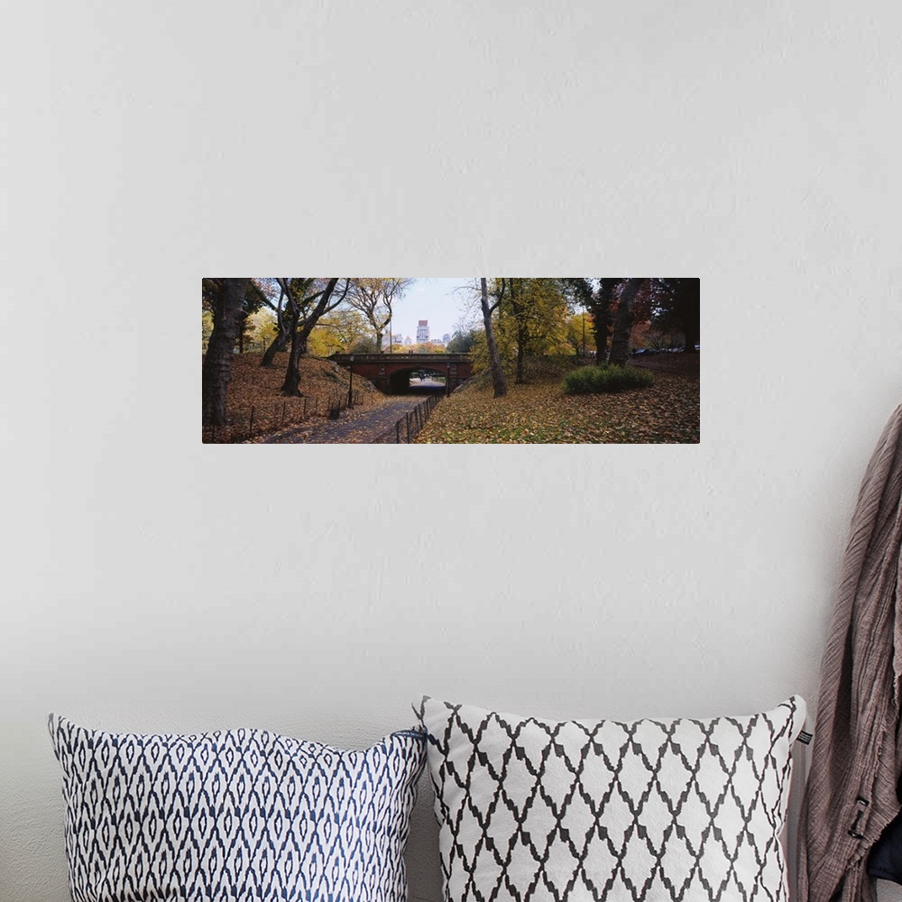 A bohemian room featuring Panoramic photograph of overpass with tunnel walkway below lined by trees with city skyline in th...