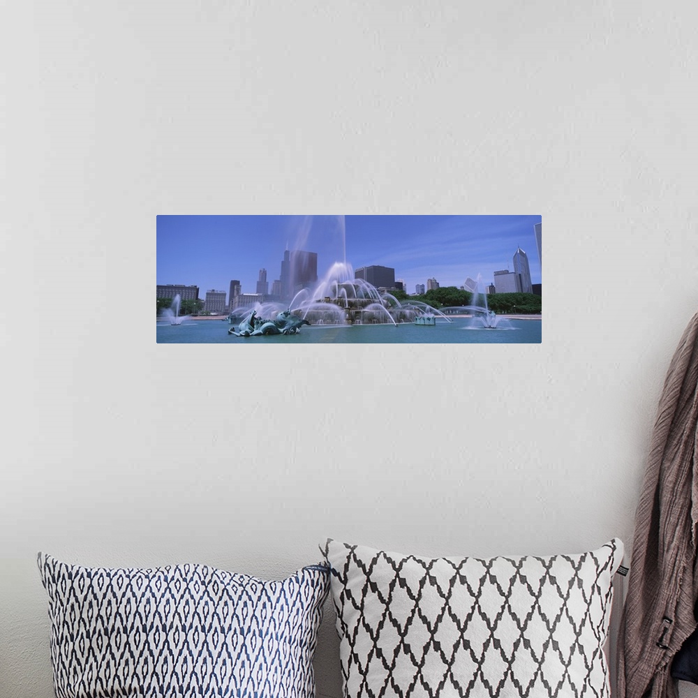 A bohemian room featuring Landscape, close up photograph of Buckingham Fountain during the day, the skyscrapers of Chicago ...