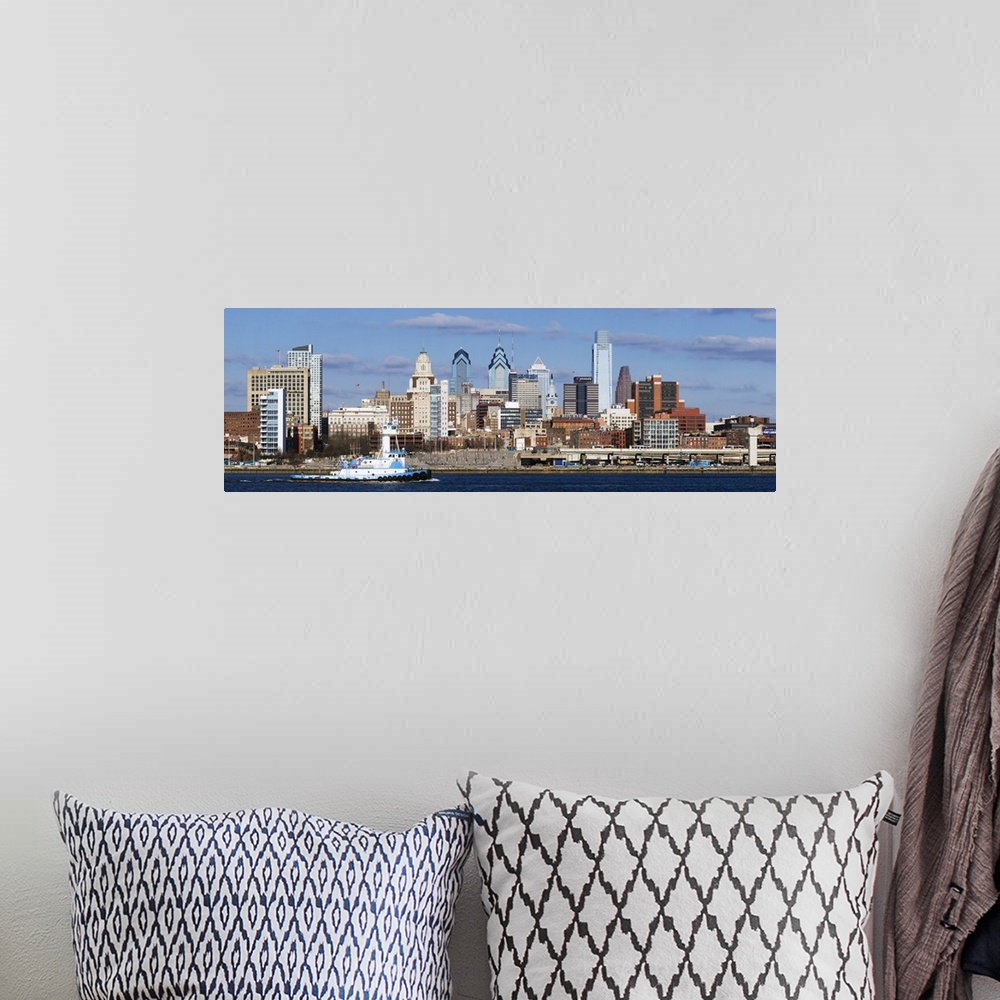 A bohemian room featuring Giant panoramic photo of the city of Philadelphia, Pennsylvania (PA). A large barge chugs along t...