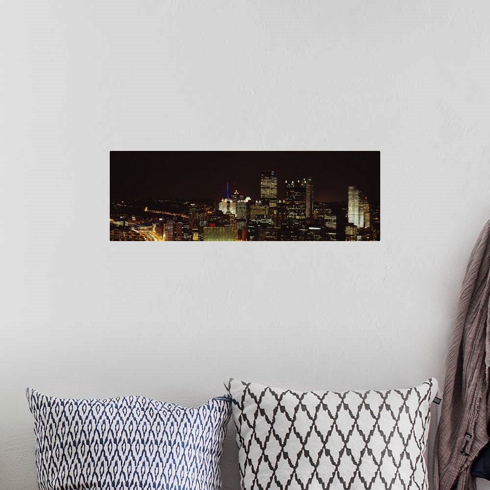 A bohemian room featuring Horizontal, big, high angle photograph of the Pittsburgh skyline, with brightly lit buildings at ...