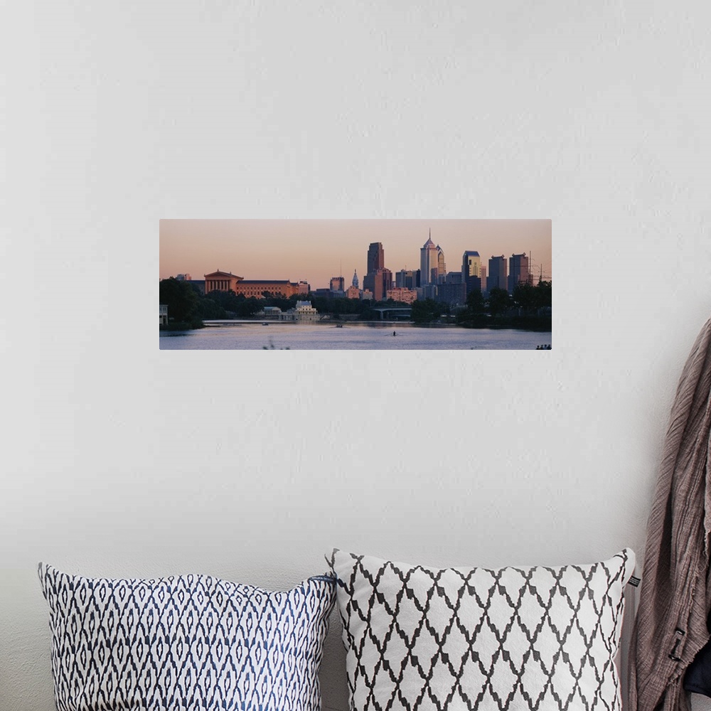 A bohemian room featuring Panoramic style picture of downtown Philadelphia with rowers working out on the Schuylkill River.
