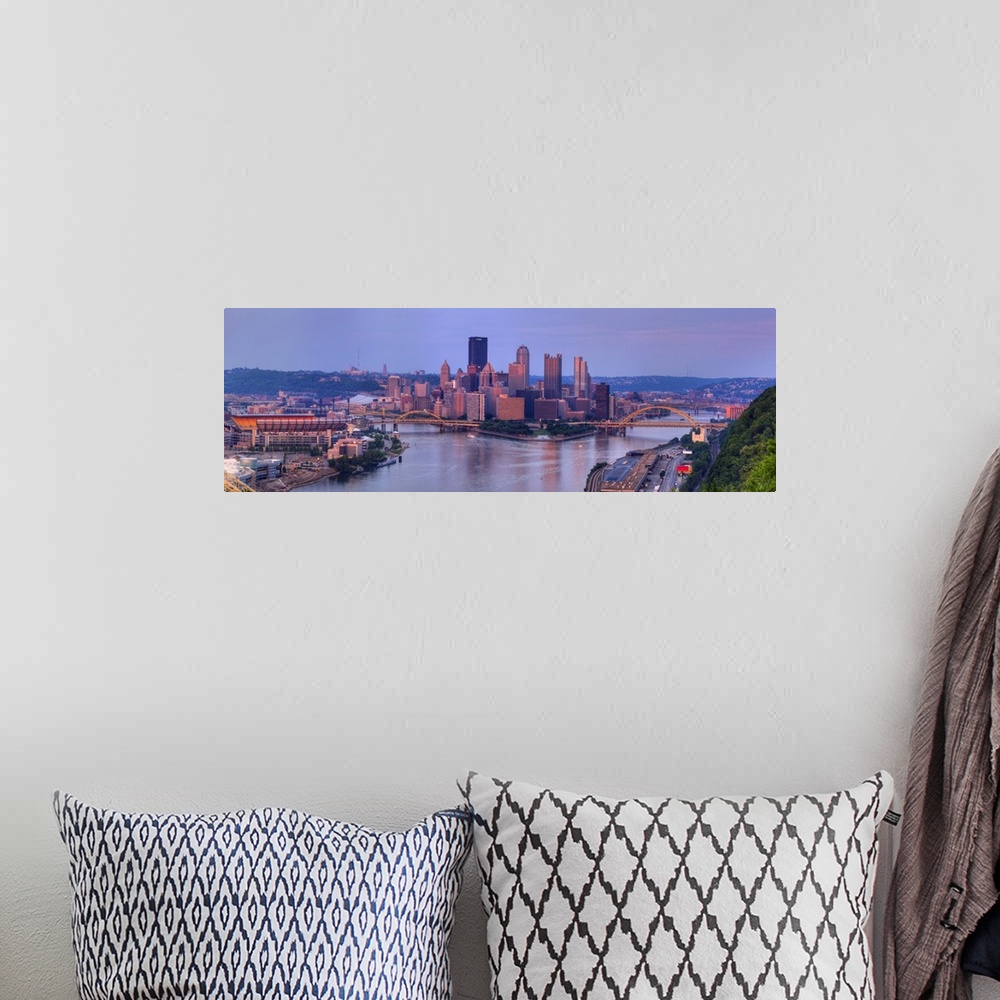 A bohemian room featuring Panoramic, aerial photograph of the West side of the Pittsburgh skyline in Allegheny County, at s...