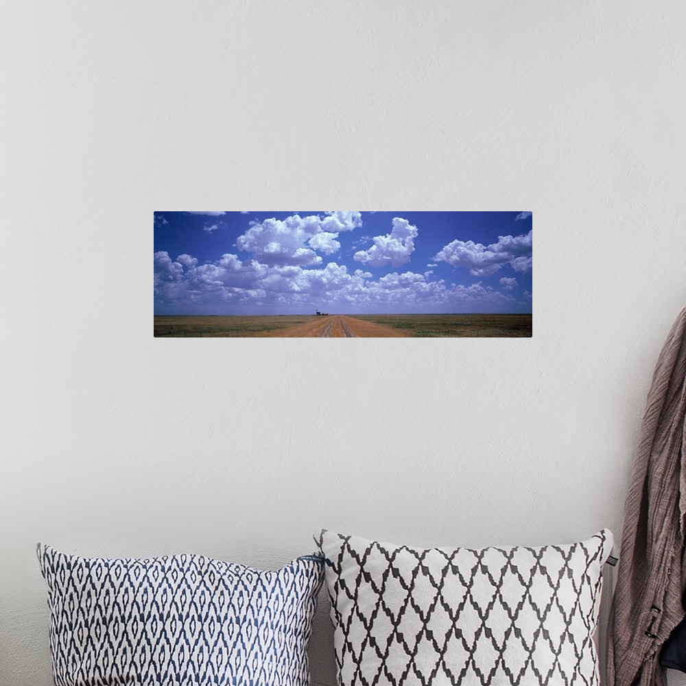 A bohemian room featuring Panoramic photograph taken at the end of a dirt road with flat fields on both sides and large clo...