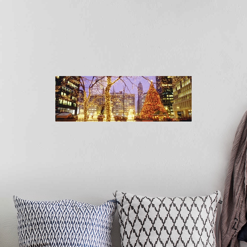 A bohemian room featuring Panoramic photograph of Daley Plaza decked out with Christmas lights in the trees and a large Chr...