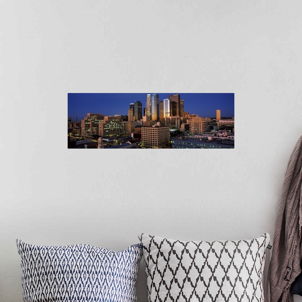 A bohemian room featuring Panoramic photo on canvas of the Los Angeles skyline.