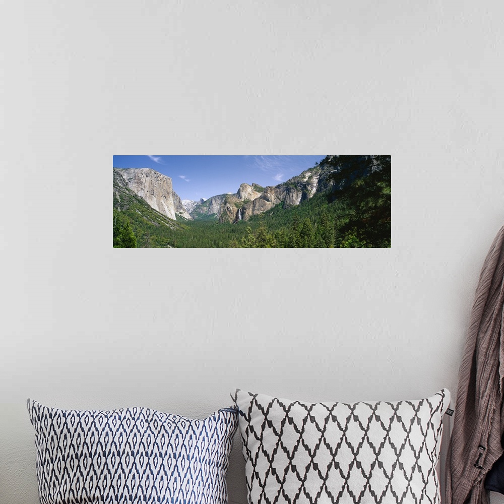A bohemian room featuring Forest in front of mountains, El Capitan, Bridal Veil Falls, Half Dome, Yosemite National Park, C...