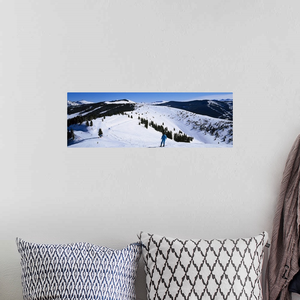 A bohemian room featuring A panoramic photograph of a skier departing down a snow covered slope at the top of a mountain.