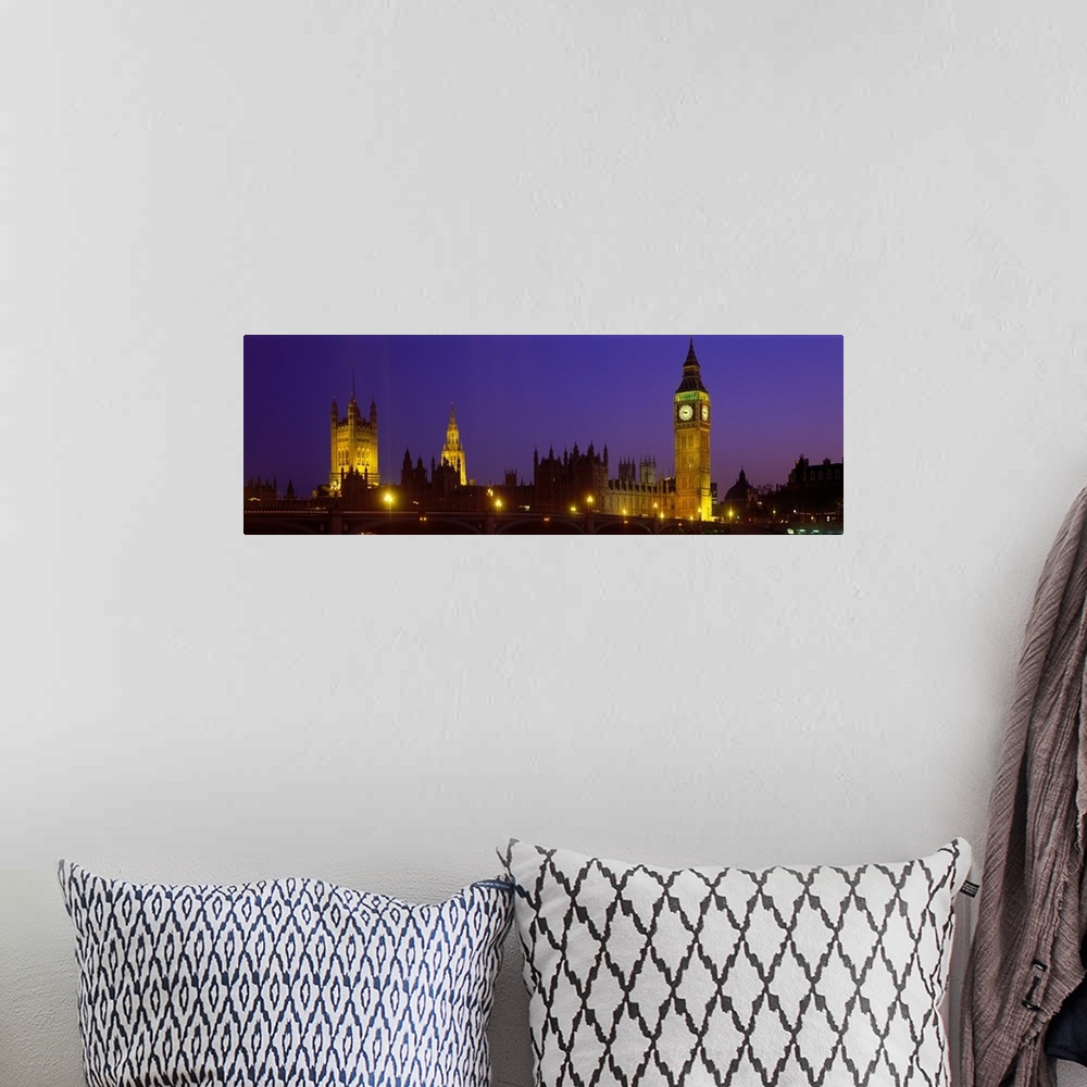 A bohemian room featuring London Skyline at night, Thames river in foreground also pictured Big Ben, Halls of Parliament, W...