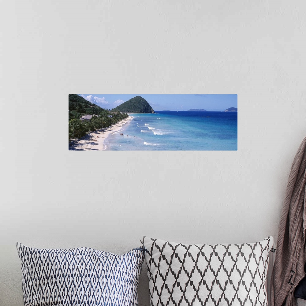 A bohemian room featuring Panoramic photo of an ocean meeting a white sand beach with tropical vegetation.
