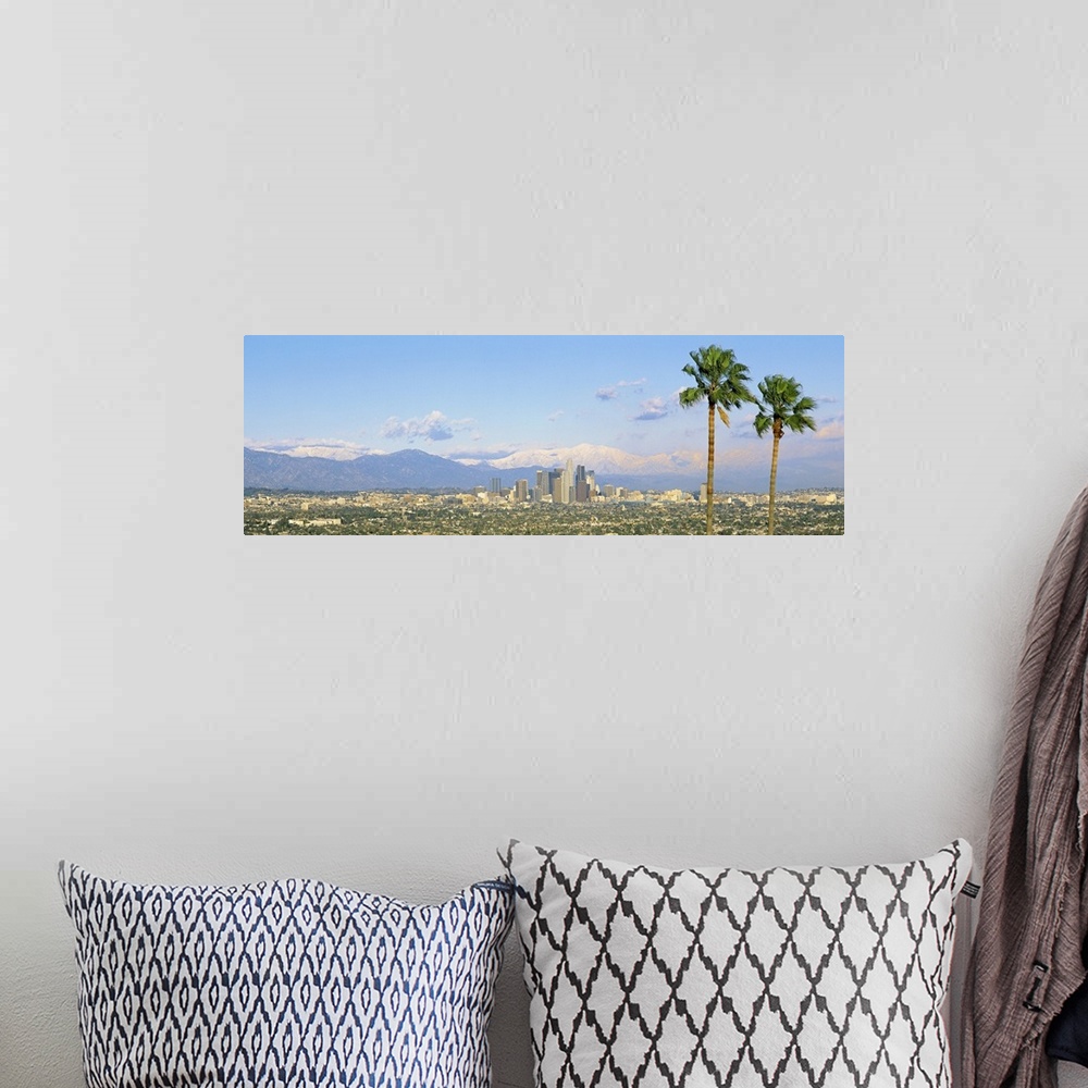 A bohemian room featuring A wide angle photograph taken from an aerial view of Los Angeles with two large palm trees on the...