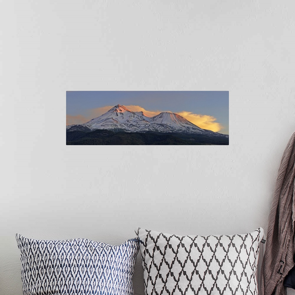 A bohemian room featuring Low angle view of a snow covered mountain, Mt Shasta, Siskiyou County, California