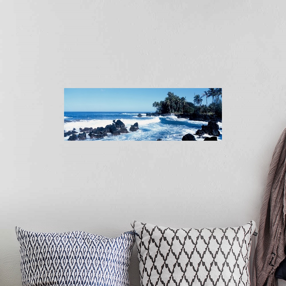 A bohemian room featuring Panoramic photograph of rocky oceanfront with palm trees and waves crashing in.