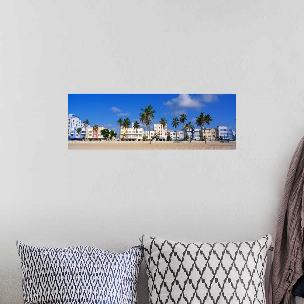 A bohemian room featuring Gigantic panoramic photo of Miami Beach, Florida with the sandy beach, palm trees, and buildings ...