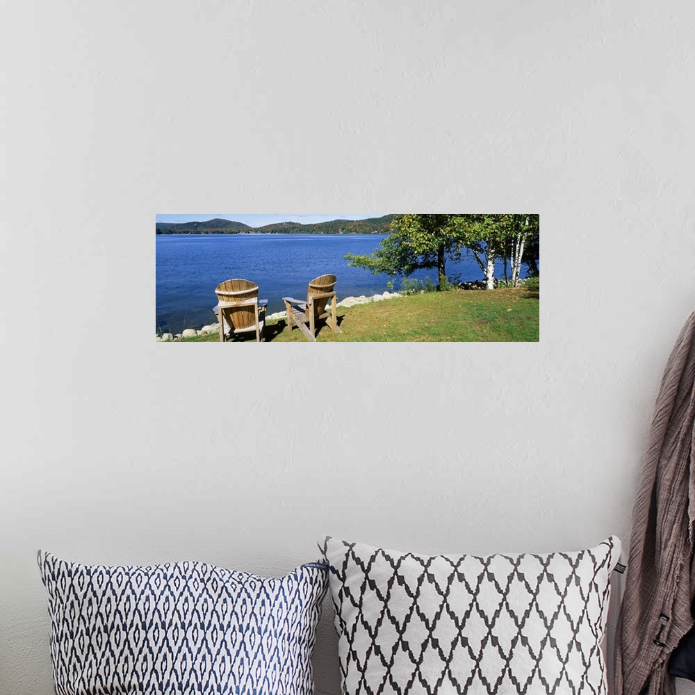 A bohemian room featuring New York, Adirondack State Park, Adirondack Mountains, Fourth Lake, Adirondack Chairs on a lawn