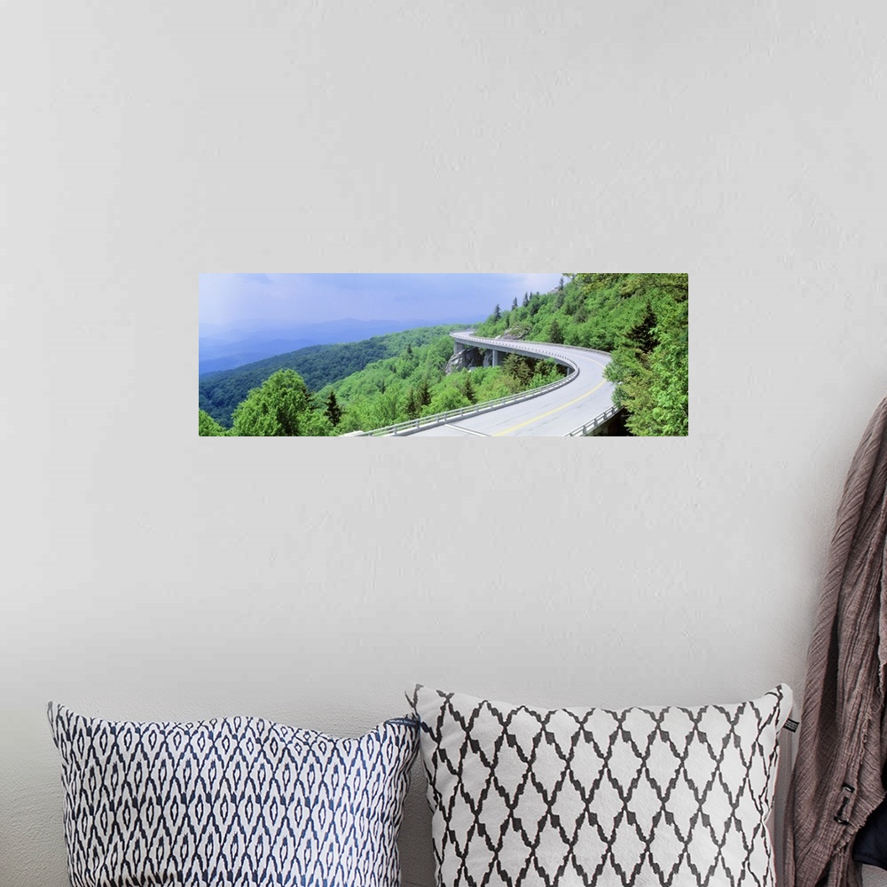 A bohemian room featuring Panoramic photograph of road winding through tree covered mountains.