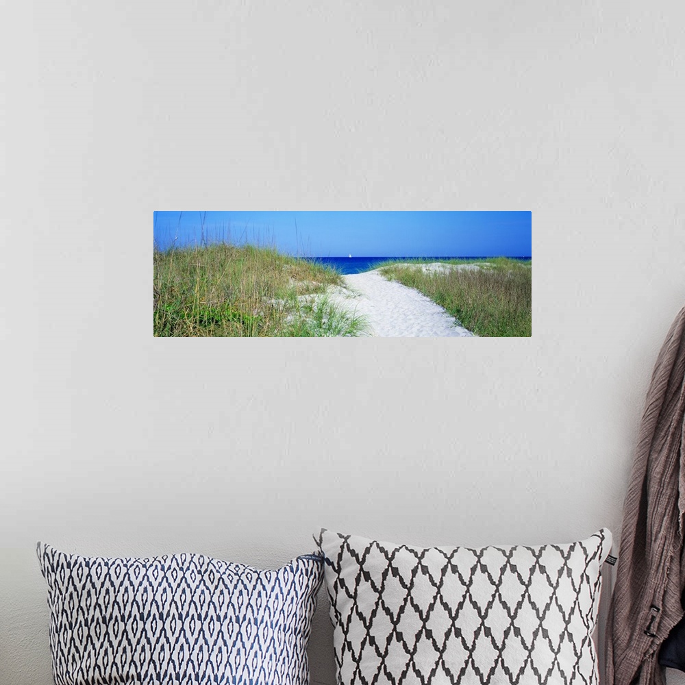 A bohemian room featuring Panoramic photo print of large sand dunes with sea grass and a sandy path in the middle leading t...