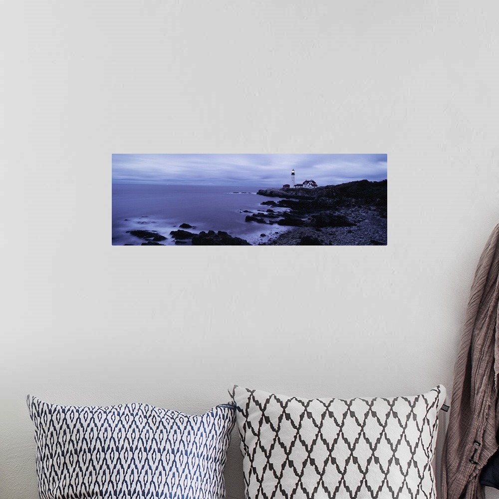 A bohemian room featuring Wide angle photograph on a large canvas of the shoreline at Cape Elizabeth, Maine, Portland Head ...