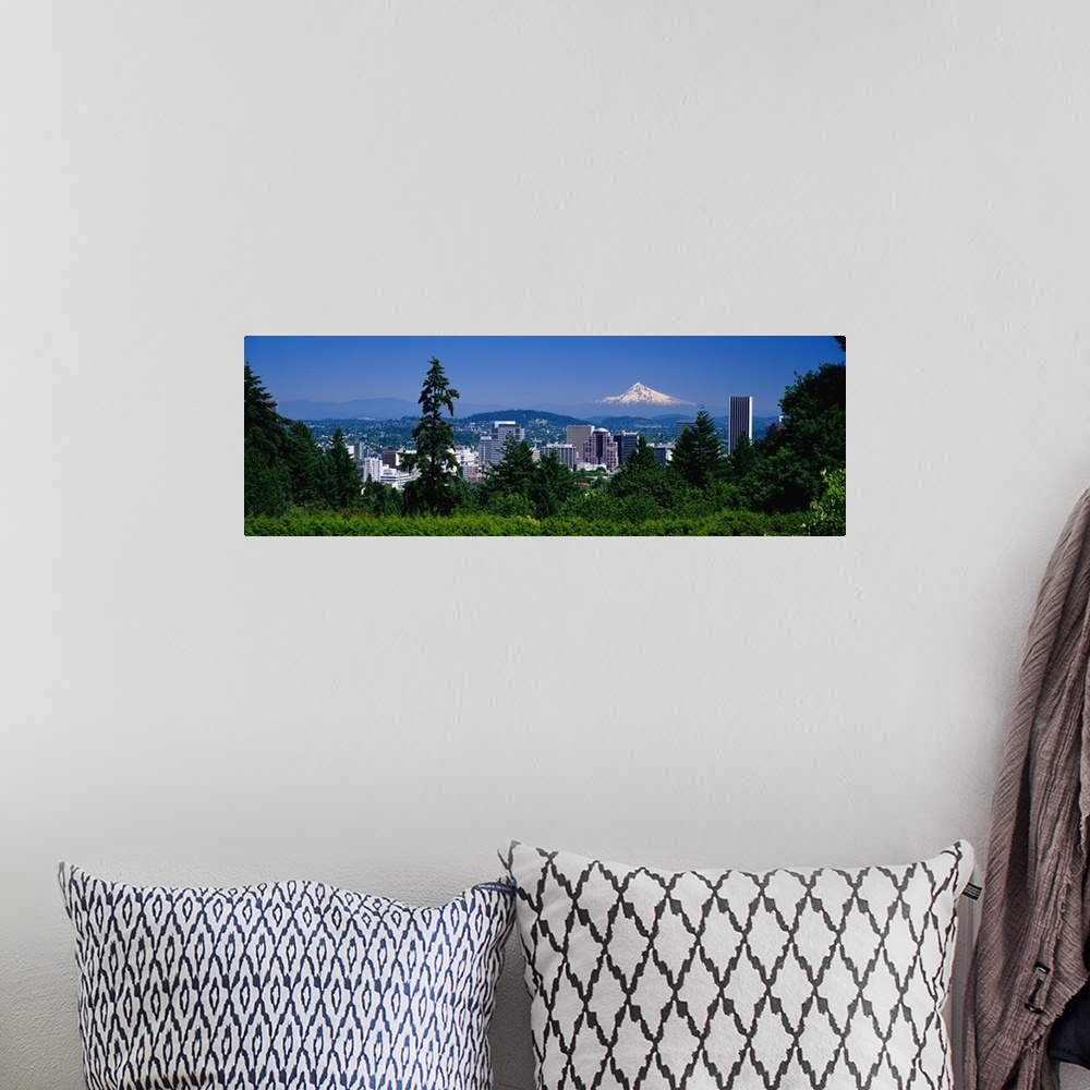 A bohemian room featuring Landscape, panoramic photograph looking down at the Portland skyline from a tree lined hillside.