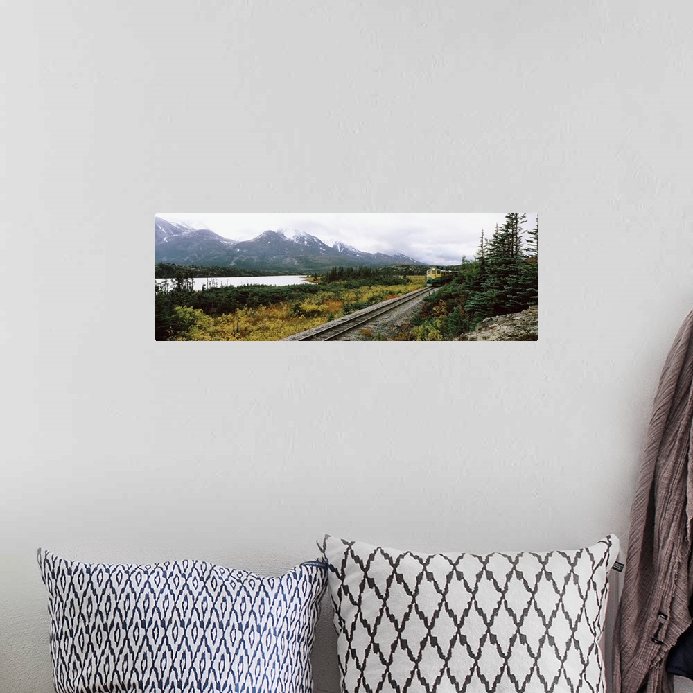 A bohemian room featuring Railroad track passing through a landscape, Yukon Railroad, Summit Lake, White Pass, Alaska
