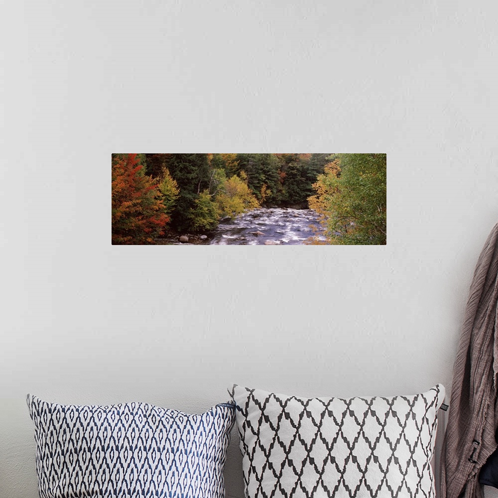 A bohemian room featuring This decorative landscape wall art is a panoramic photograph of a rock filled river riffling thro...