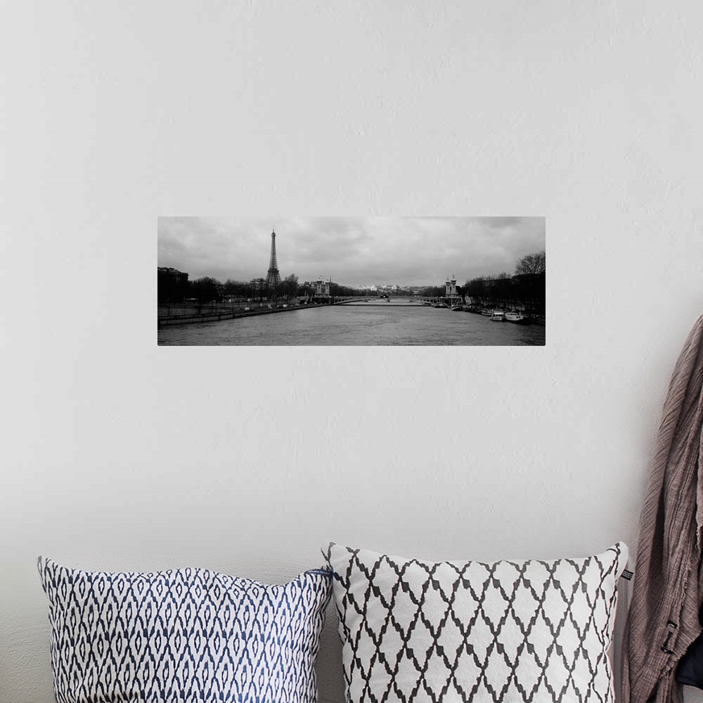 A bohemian room featuring Panoramic photograph taken over the Seine river with the Eiffel tower in the distance and skewed ...