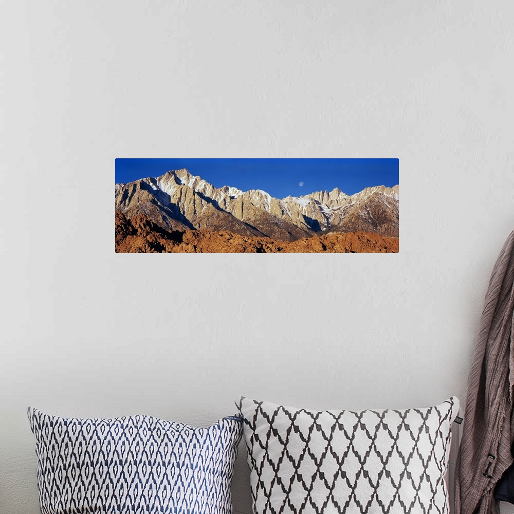 A bohemian room featuring Rock formations on a mountain range, Moonset over Mt Whitney, Lone Pine, California