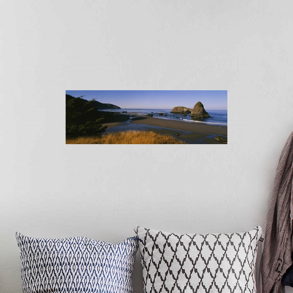 A bohemian room featuring Wide angle photograph looking over grasses to the shoreline on Cannon Beach, large rocks jutting ...