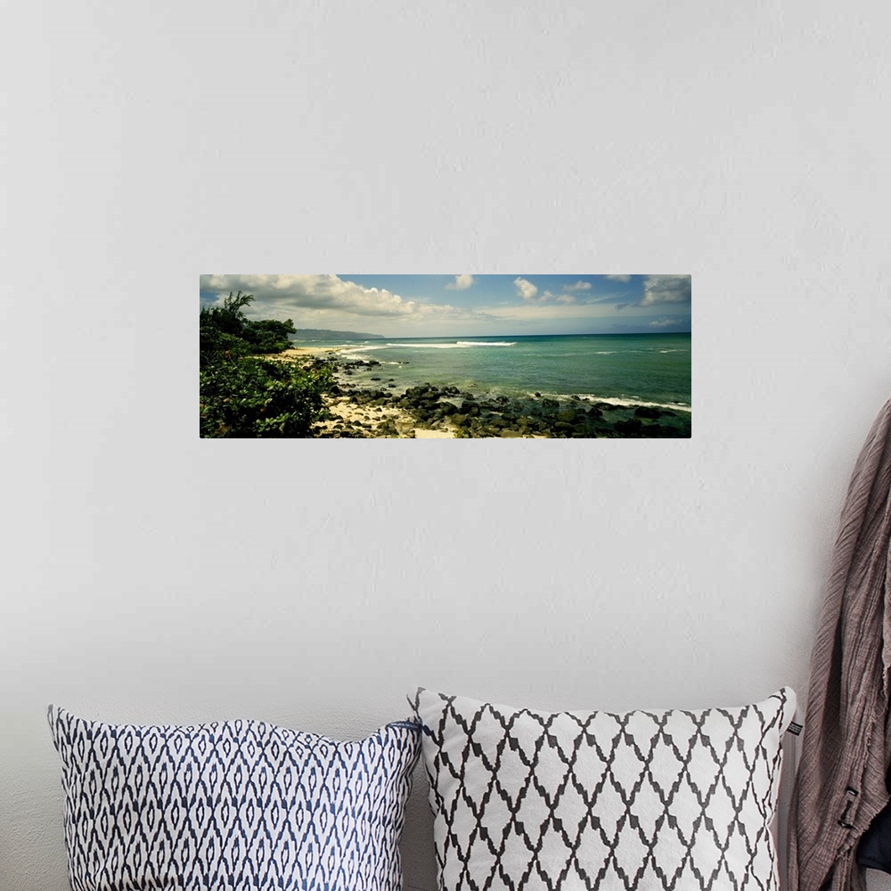 A bohemian room featuring This photograph is a sandy beach punctuated with small volcanic boulders and encroaching tropical...