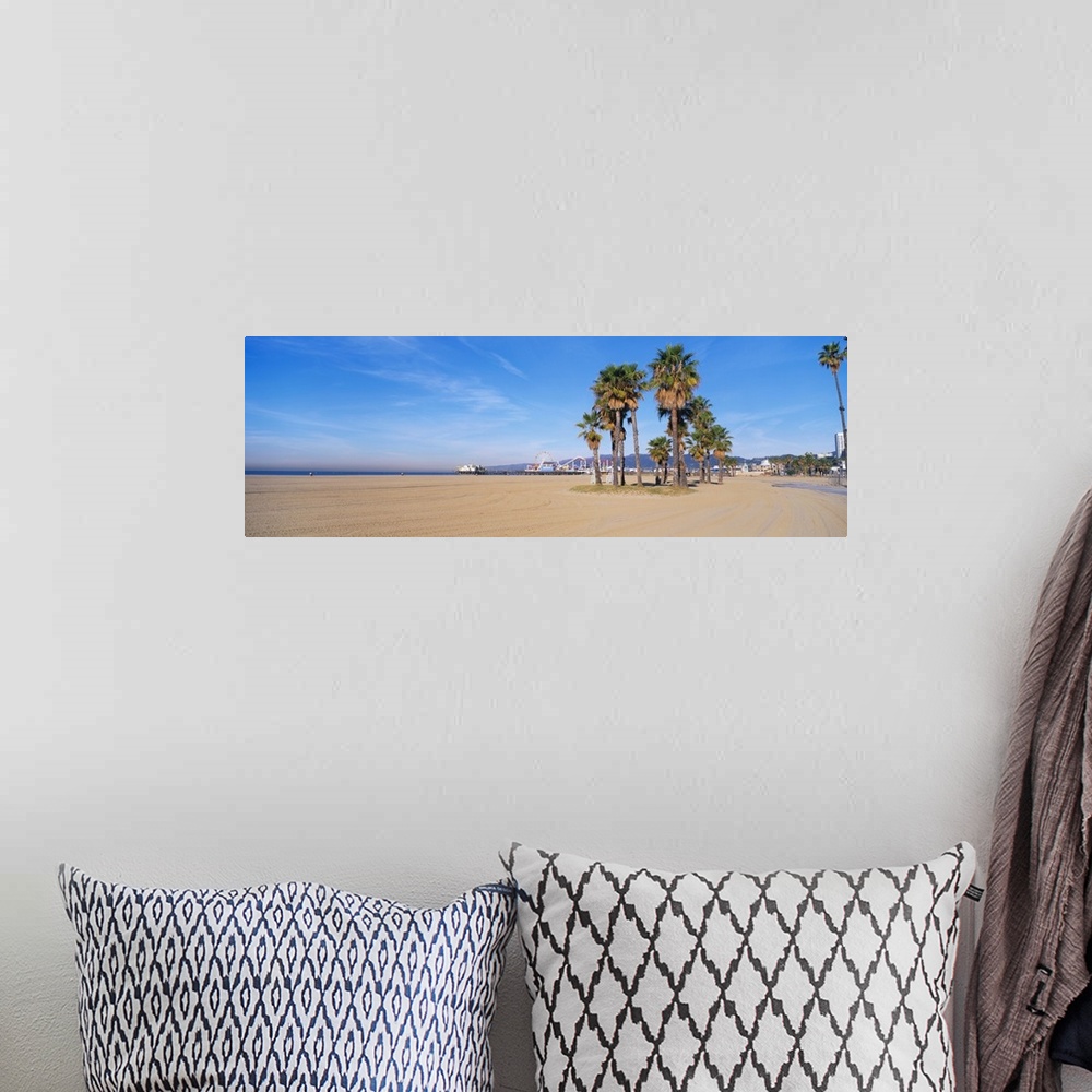 A bohemian room featuring Wide angle photograph taken on a sunny day of Santa Monica beach with a patch of palm trees towar...