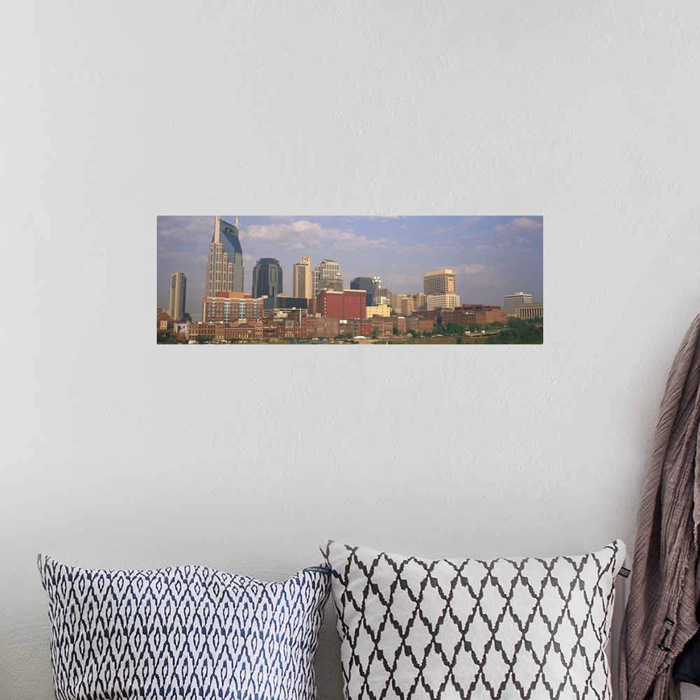 A bohemian room featuring Large horizontal panoramic photograph of the downtown Nashville, Tennesee (TN) skyline with skysc...