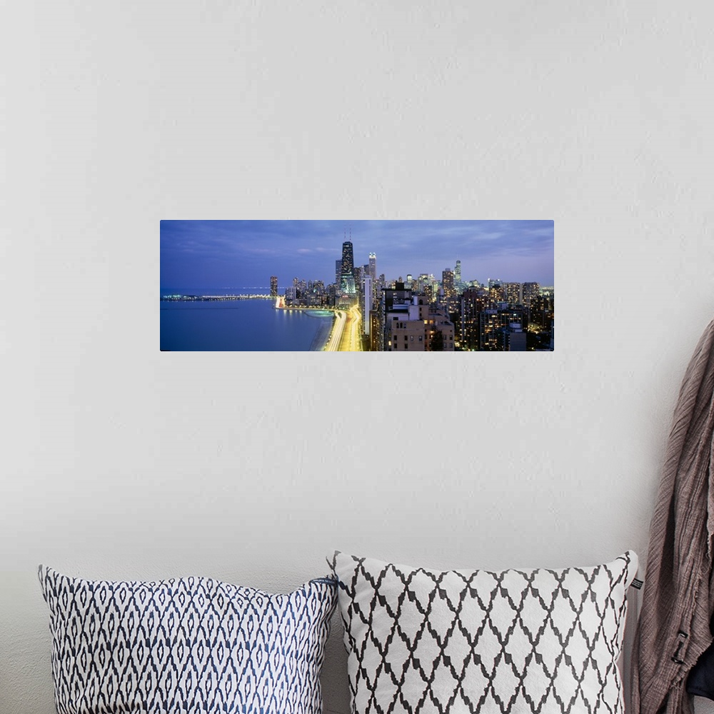 A bohemian room featuring Panoramic photograph of the Chicago skyline from Lake Shore Drive in Chicago, Illinois.