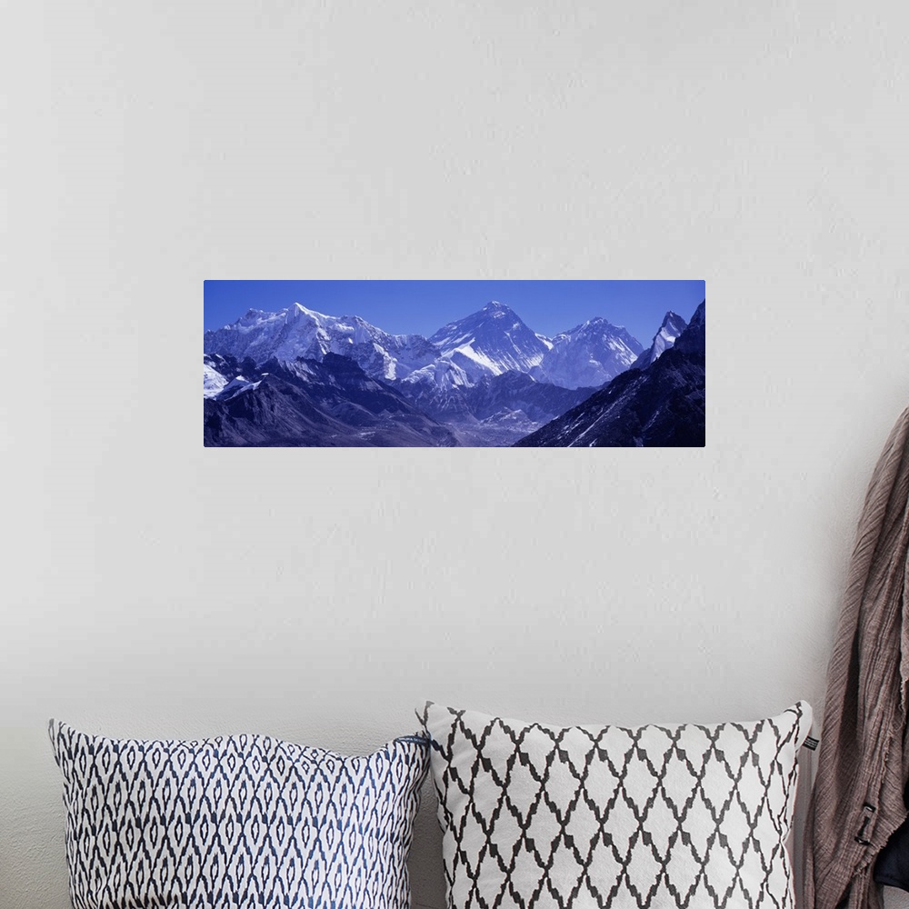 A bohemian room featuring Snow on mountains, Goyko Valley, Mt Everest, Khumbu, Nepal