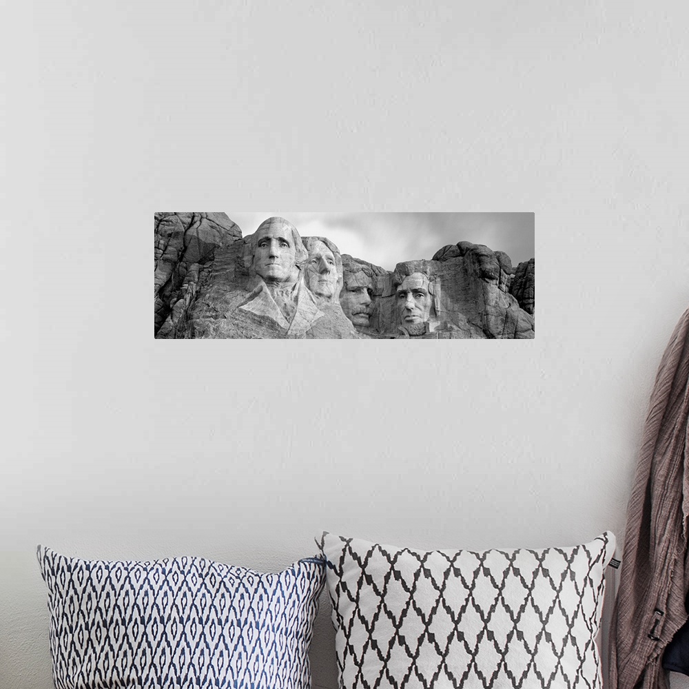 A bohemian room featuring Black and white panorama of Mount Rushmore, a granite sculpture in South Dakota that took 14 year...