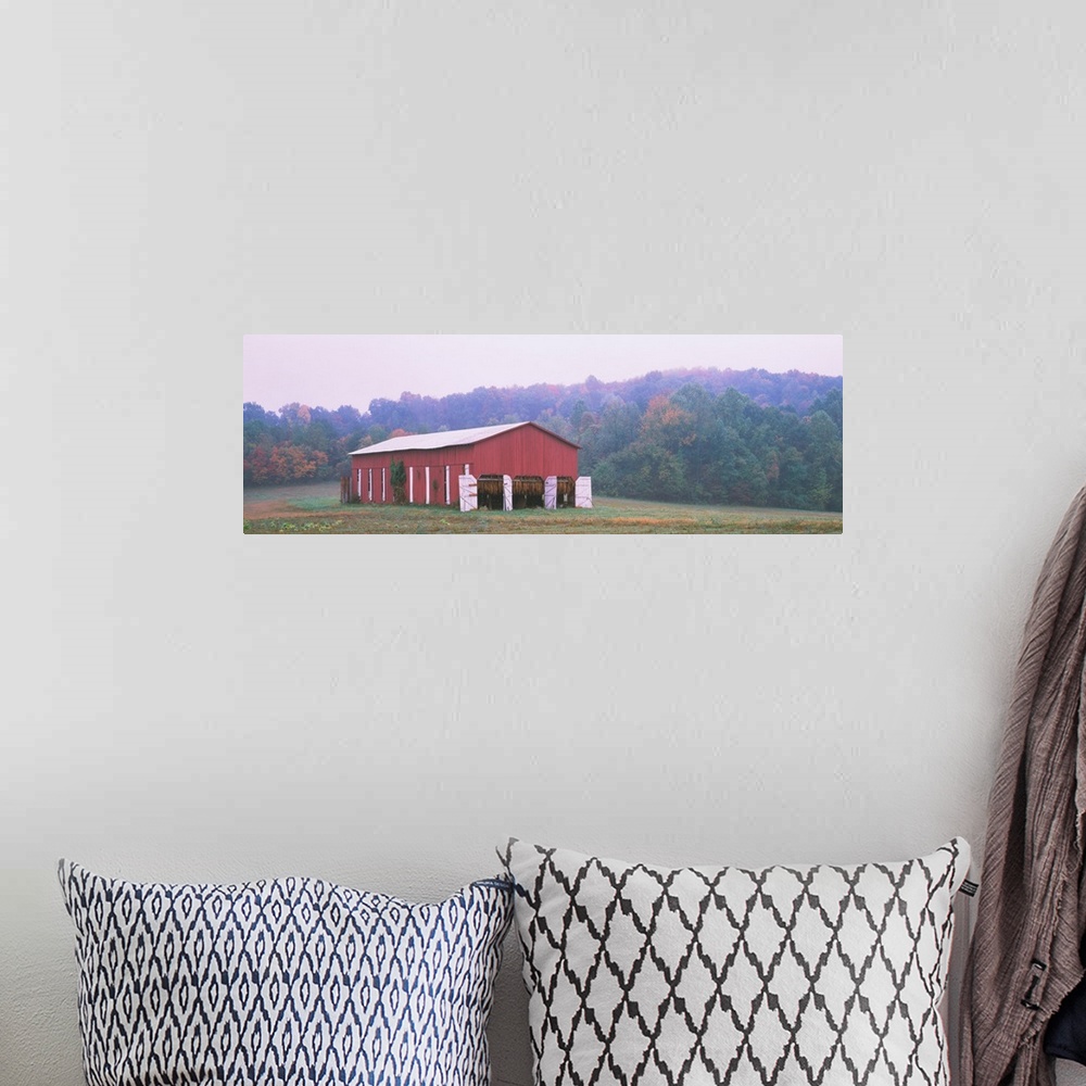 A bohemian room featuring Tobacco Drying in a Red Barn in a field, Kentucky