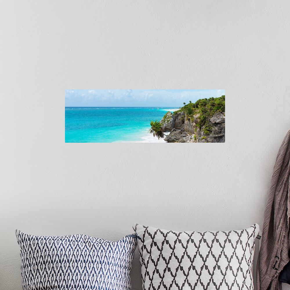 A bohemian room featuring Panoramic photograph of the beautiful, clear blue Caribbean coastline in Tulum, Mexico. From the ...