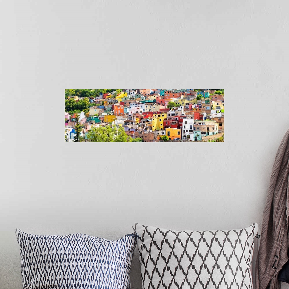 A bohemian room featuring Colorful panoramic photograph of a cityscape in Guanajuato, Mexico. From the Viva Mexico Panorami...