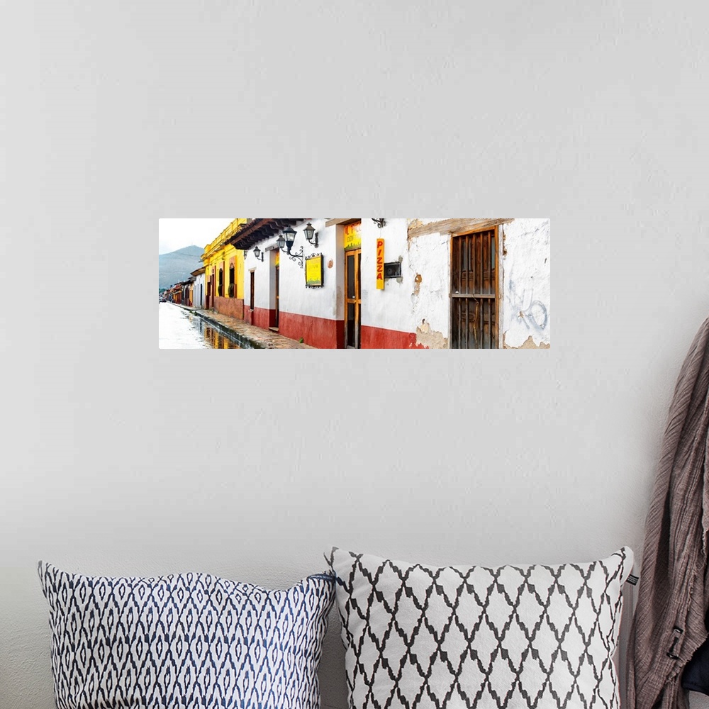 A bohemian room featuring Panoramic photograph of an overcast and rainy street scene by a pizza shop in Mexico. From the Vi...