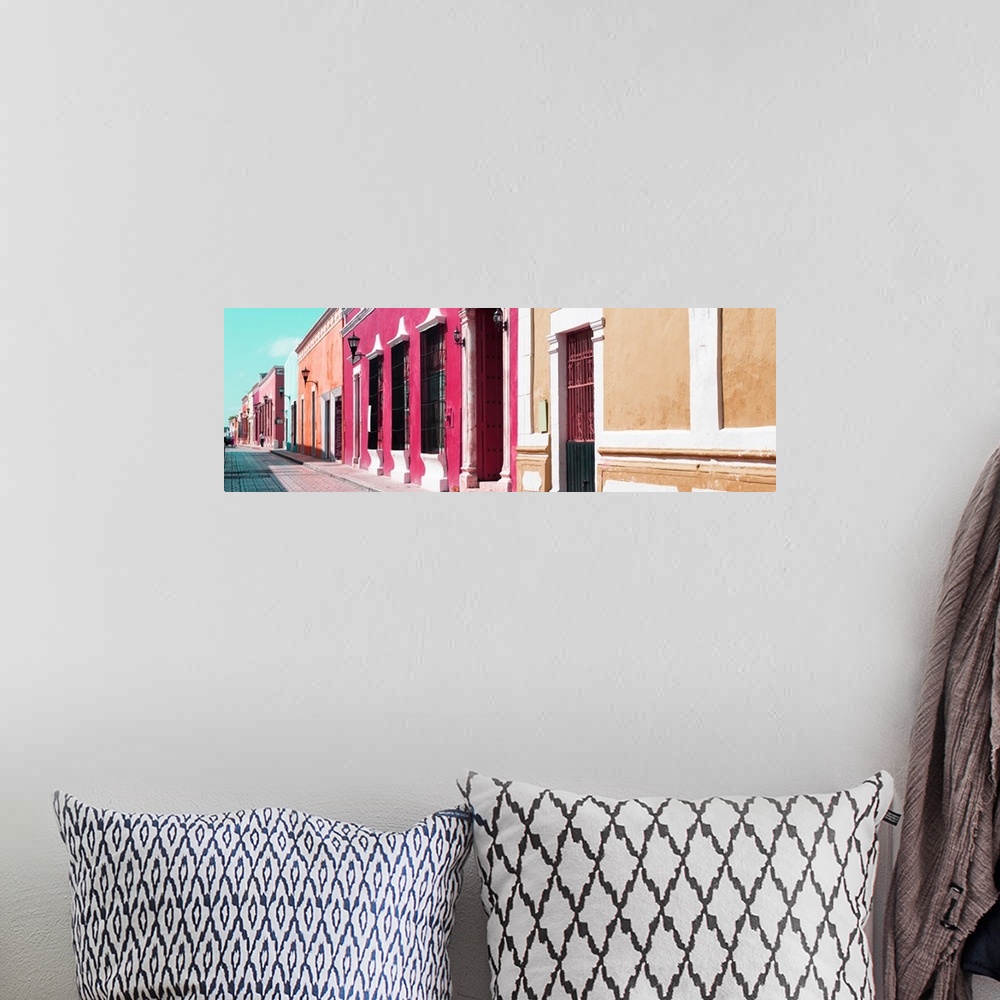 A bohemian room featuring Panoramic photograph of a colorful street scene in Campeche, Mexico. From the Viva Mexico Panoram...