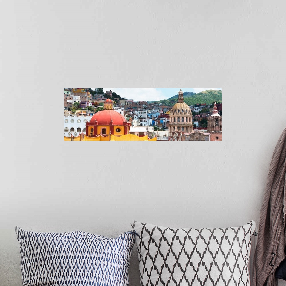 A bohemian room featuring Panoramic photo of colorful church domes and buildings in Guanajuato, Mexico. From the Viva Mexic...