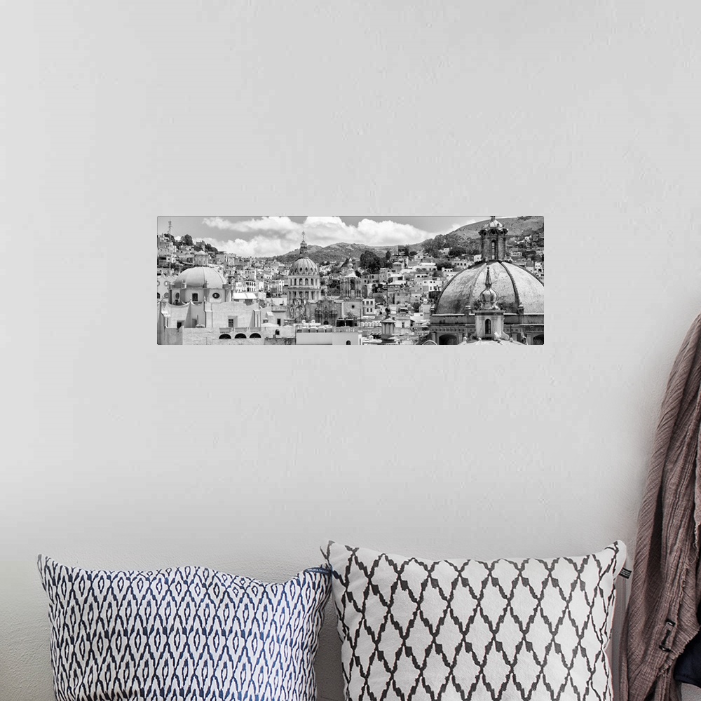 A bohemian room featuring Black and white panoramic photograph of a cityscape in Guanajuato, Mexico. From the Viva Mexico P...
