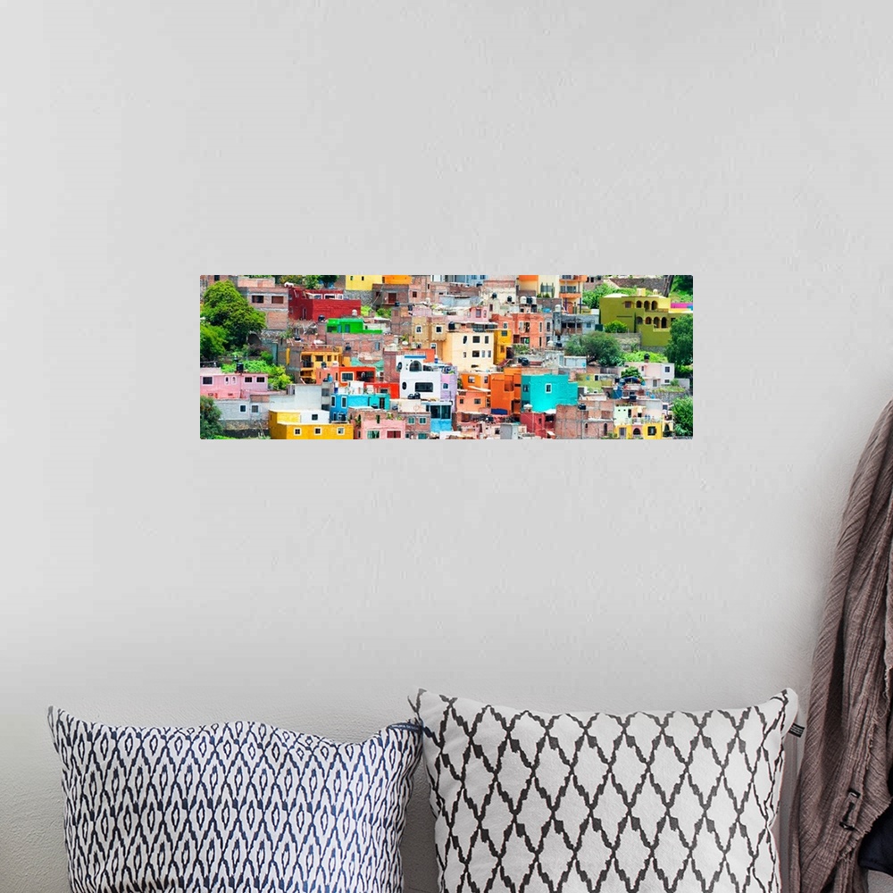 A bohemian room featuring Colorful cityscape panoramic photograph of Guanajuato, Mexico. From the Viva Mexico Panoramic Col...