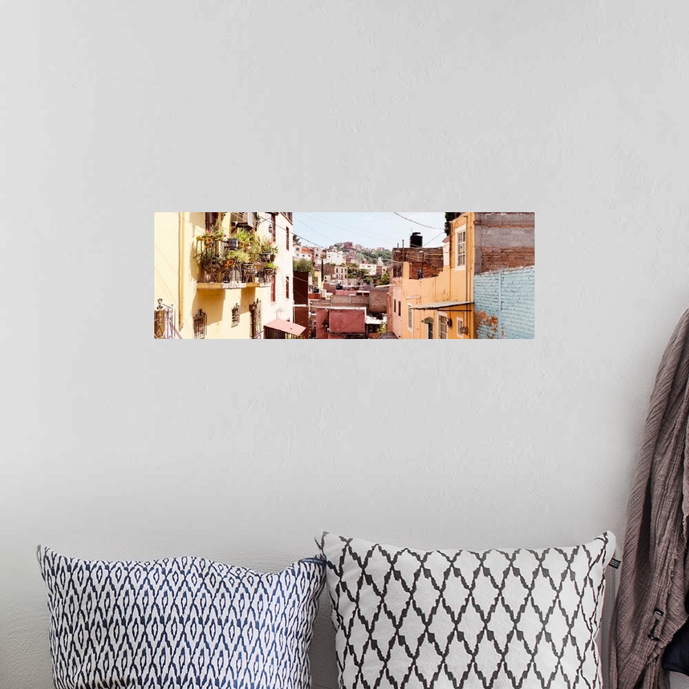 A bohemian room featuring Panoramic photograph of rows of colorful houses in Guanajuato, Mexico. From the Viva Mexico Panor...