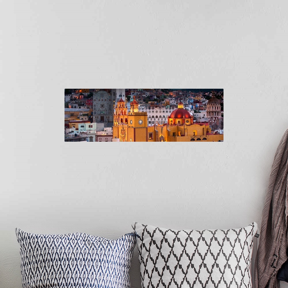 A bohemian room featuring Panoramic photograph of the iconic Yellow Church at night in Guanajuato, Mexico. From the Viva Me...
